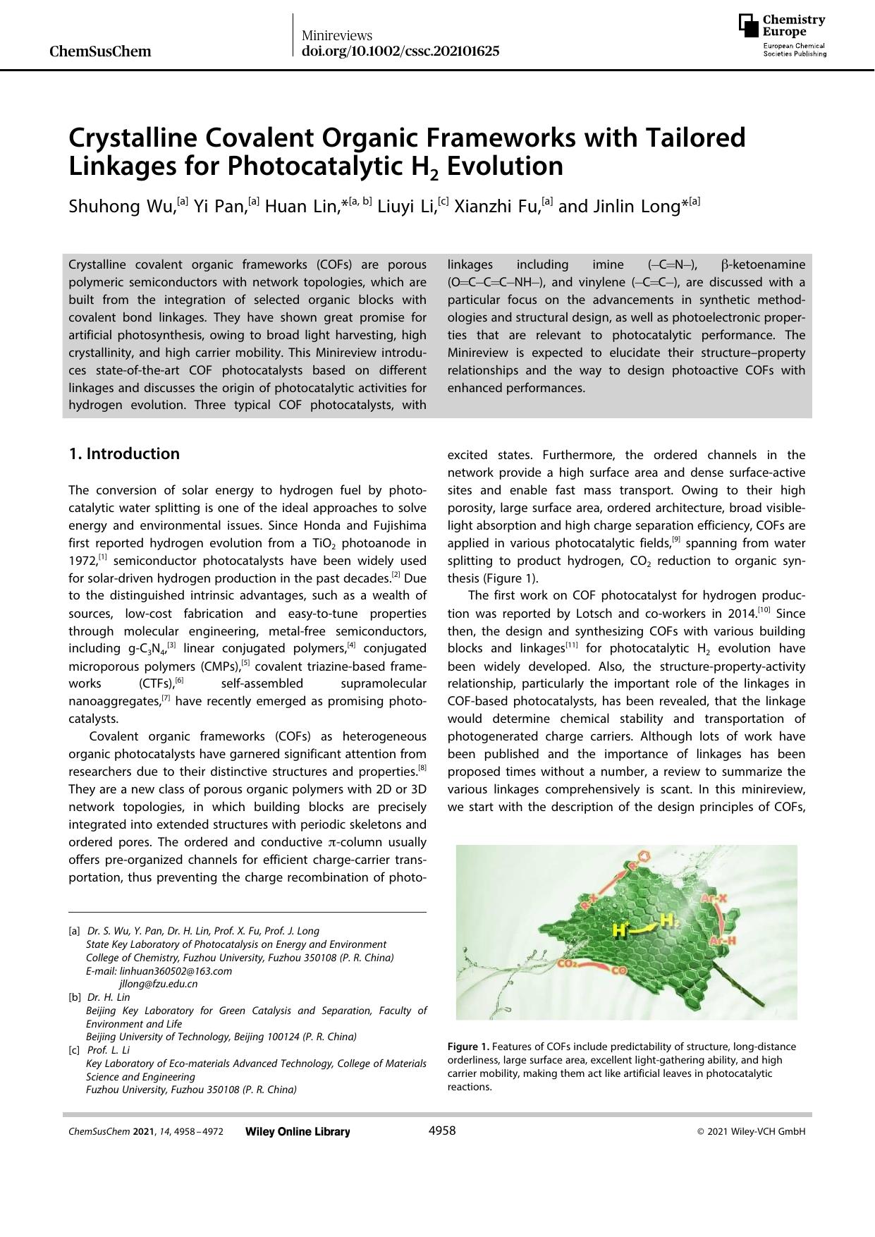 Crystalline Covalent Organic Frameworks with Tailored Linkages for Photocatalytic H2 Evolution by Unknown