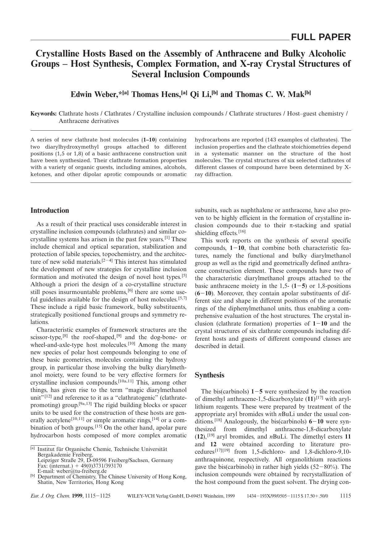 Crystalline Hosts Based on the Assembly of Anthracene and Bulky Alcoholic Groups - Host Synthesis, Complex Formation, and X-ray Crystal Structures of Several Inclusion Compounds by Unknown