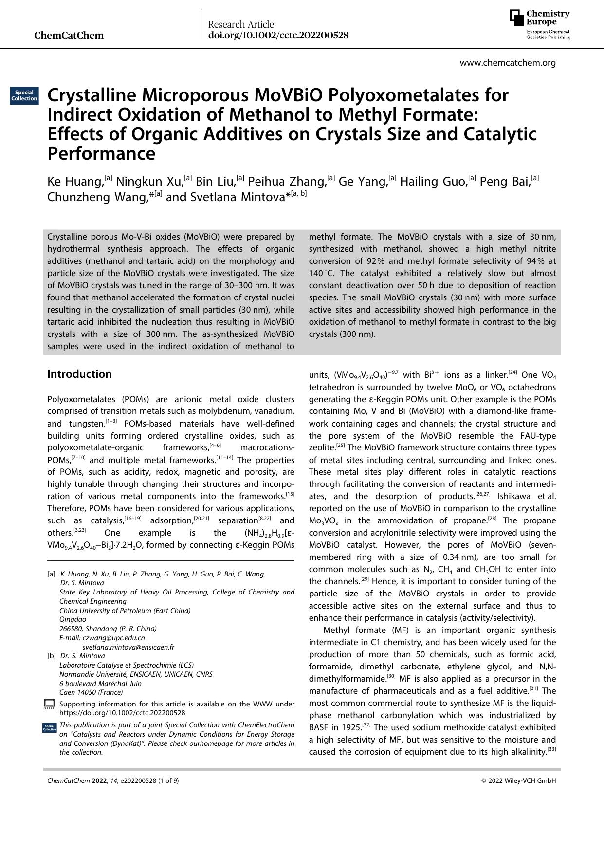 Crystalline Microporous MoVBiO Polyoxometalates for Indirect Oxidation of Methanol to Methyl Formate: Effects of Organic Additives on Crystals Size and Catalytic Performance by Unknown