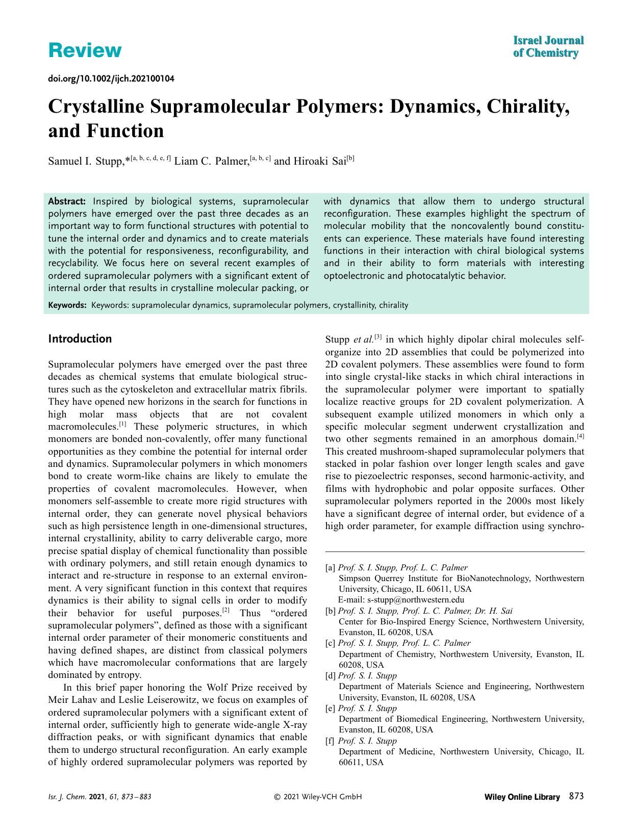 Crystalline Supramolecular Polymers: Dynamics, Chirality, and Function by Unknown