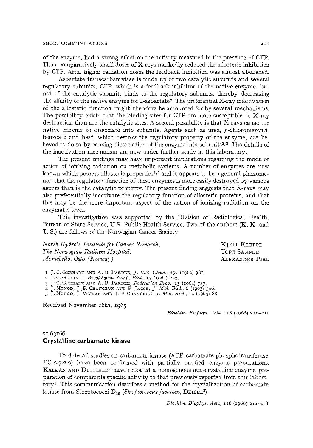 Crystalline carbamate kinase by Stephen H. Bishop; S. Grisolia