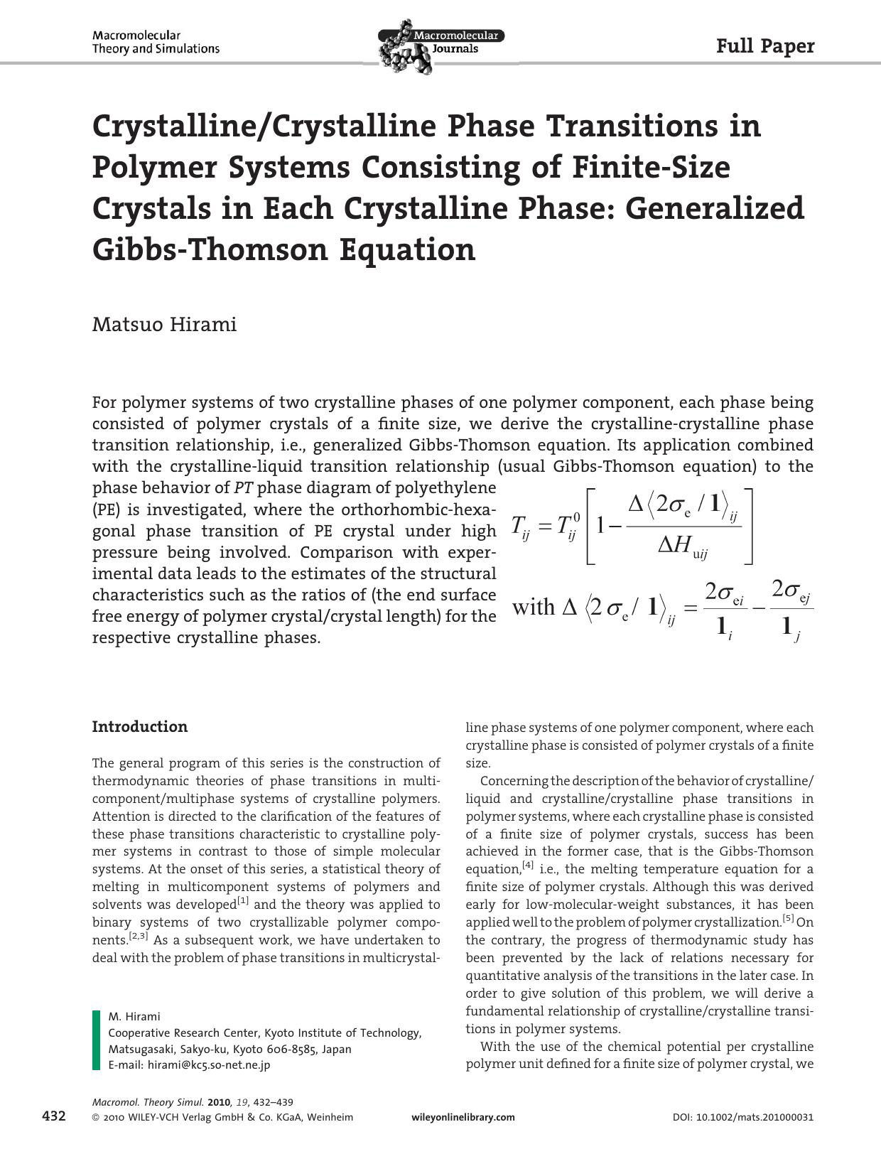 CrystallineCrystalline Phase Transitions in Polymer Systems Consisting of FiniteSize Crystals in Each Crystalline Phase: Generalized GibbsThomson Equation by Unknown