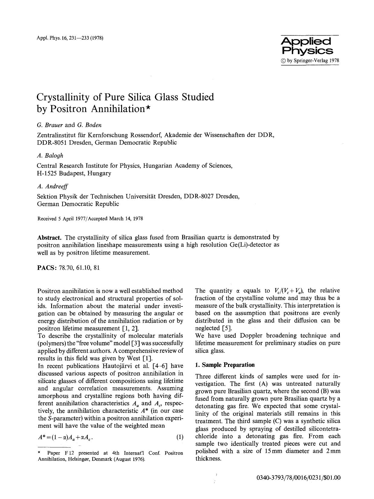 Crystallinity of pure silica glass studied by positron annihilation by Unknown