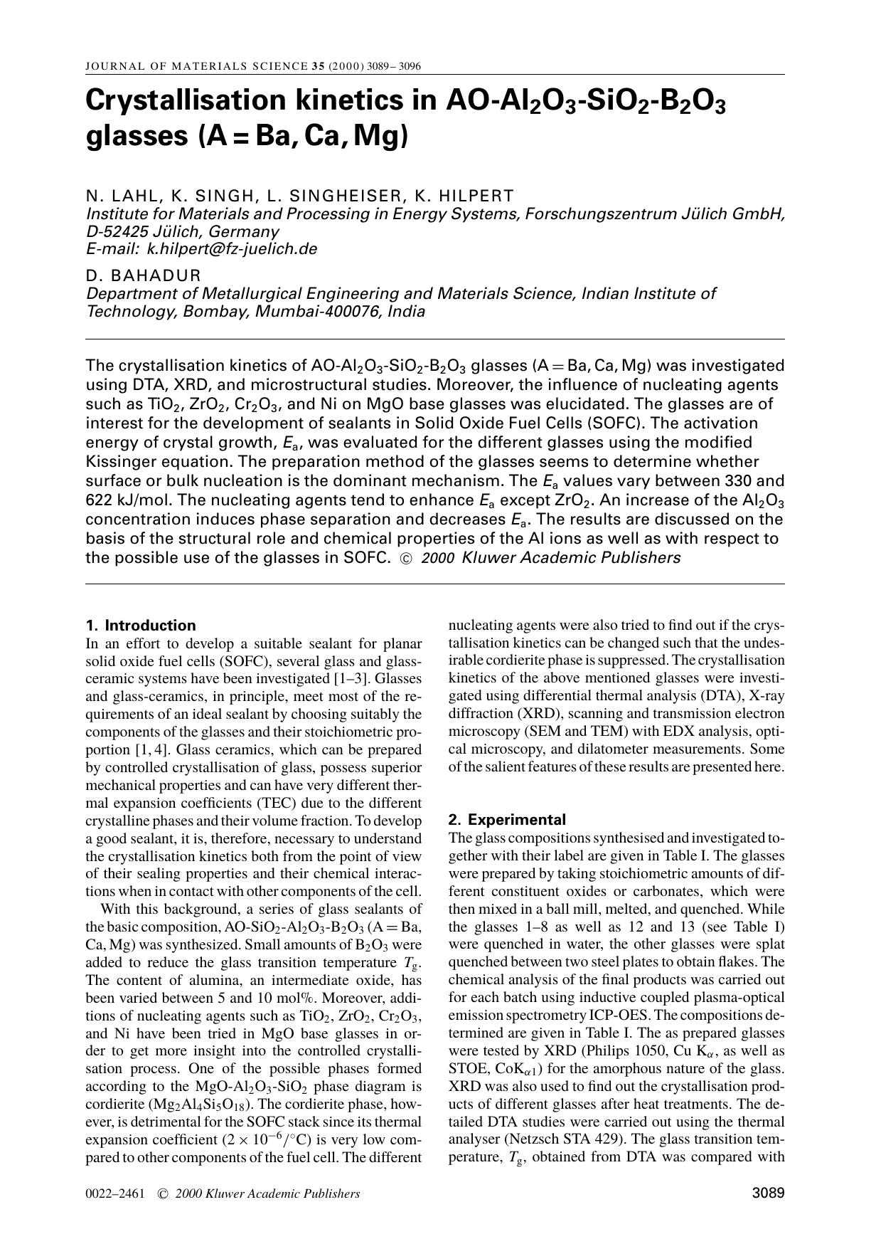 Crystallisation kinetics in AO-Al2O3-SiO2-B2O3 glasses (A = Ba, Ca, Mg) by Unknown