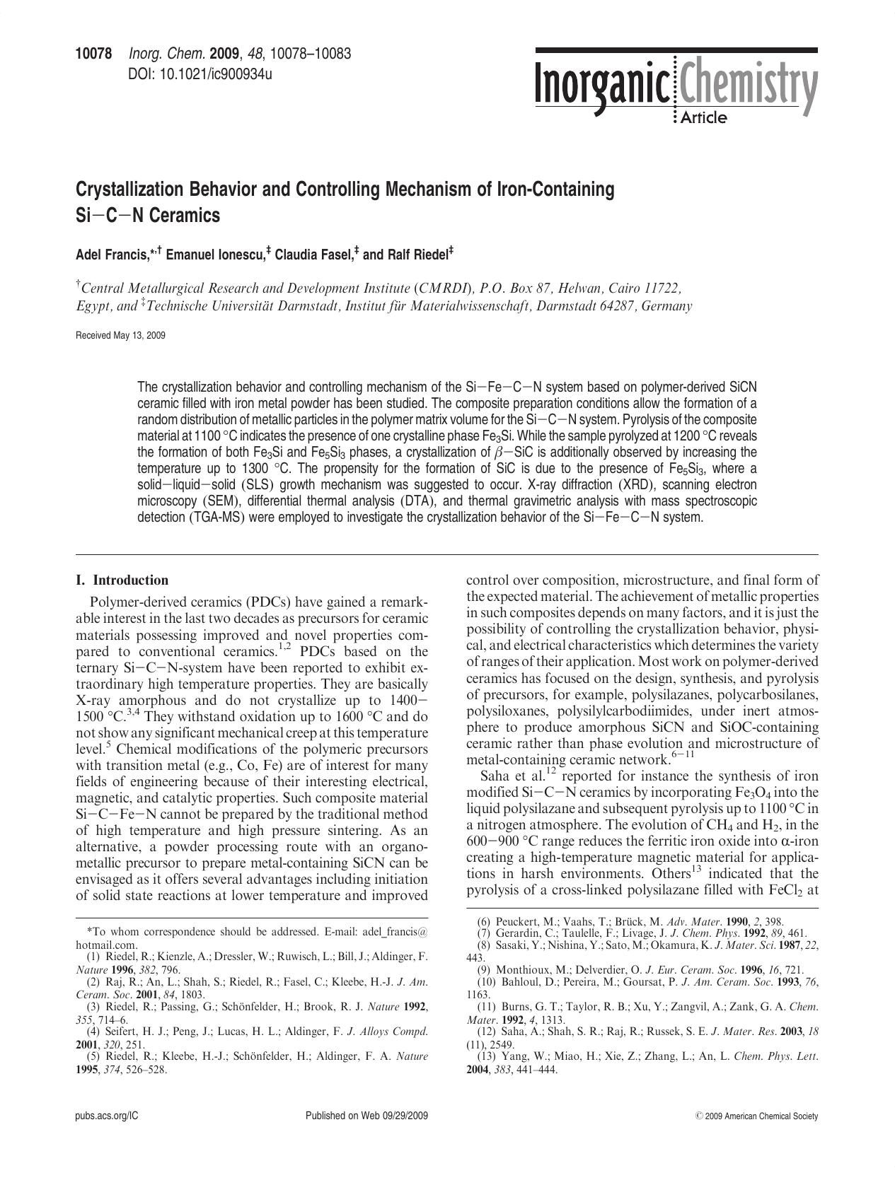 Crystallization Behavior and Controlling Mechanism of Iron-Containing SiâCâN Ceramics by unknow