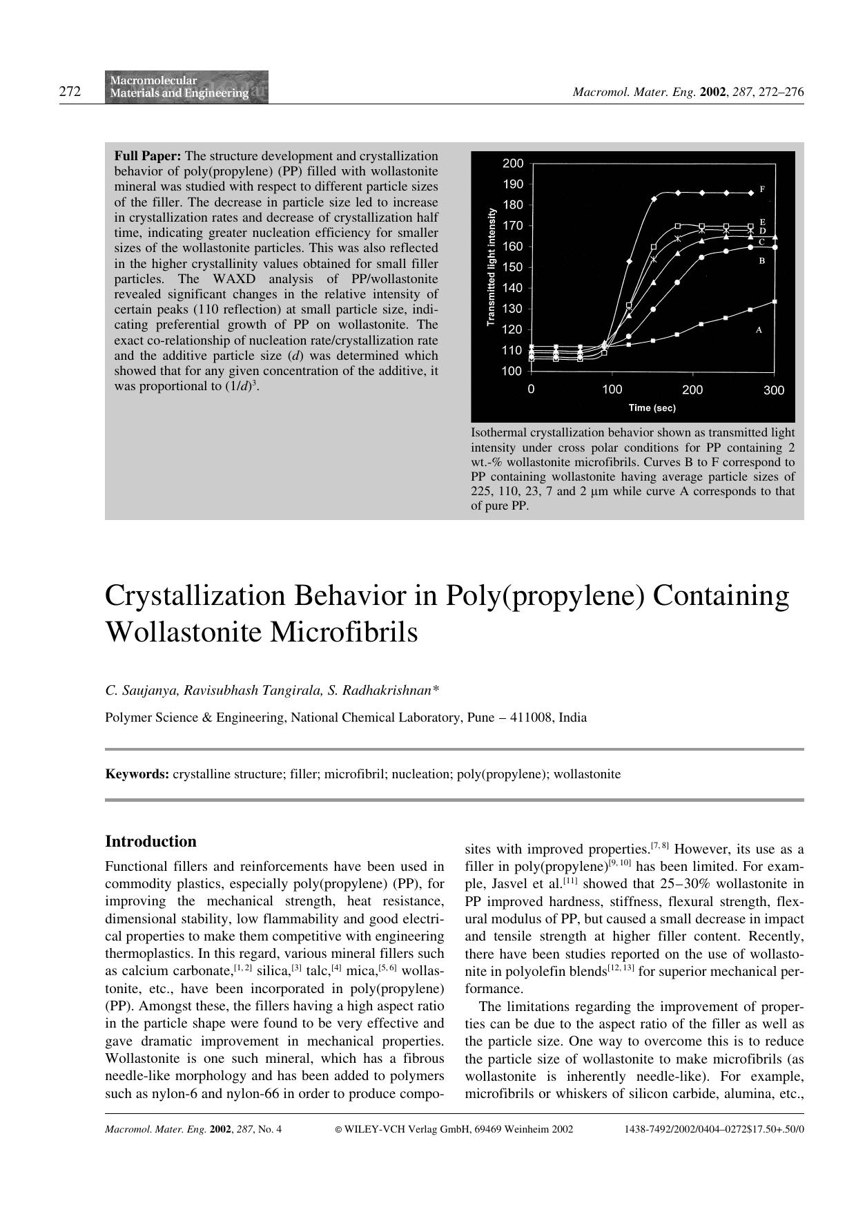 Crystallization Behavior in Poly(propylene) Containing Wollastonite Microfibrils by Unknown