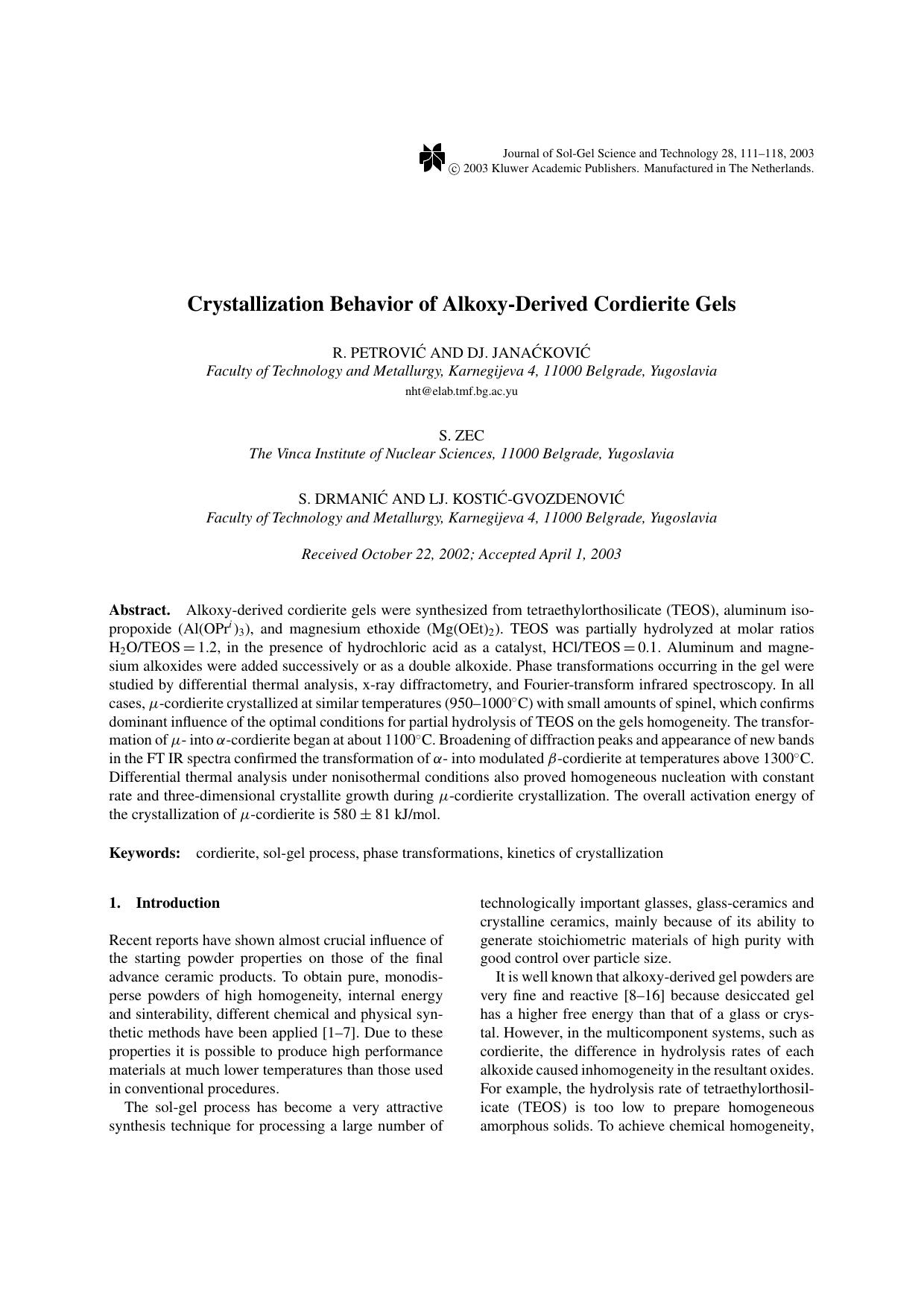 Crystallization Behavior of Alkoxy-Derived Cordierite Gels by Unknown