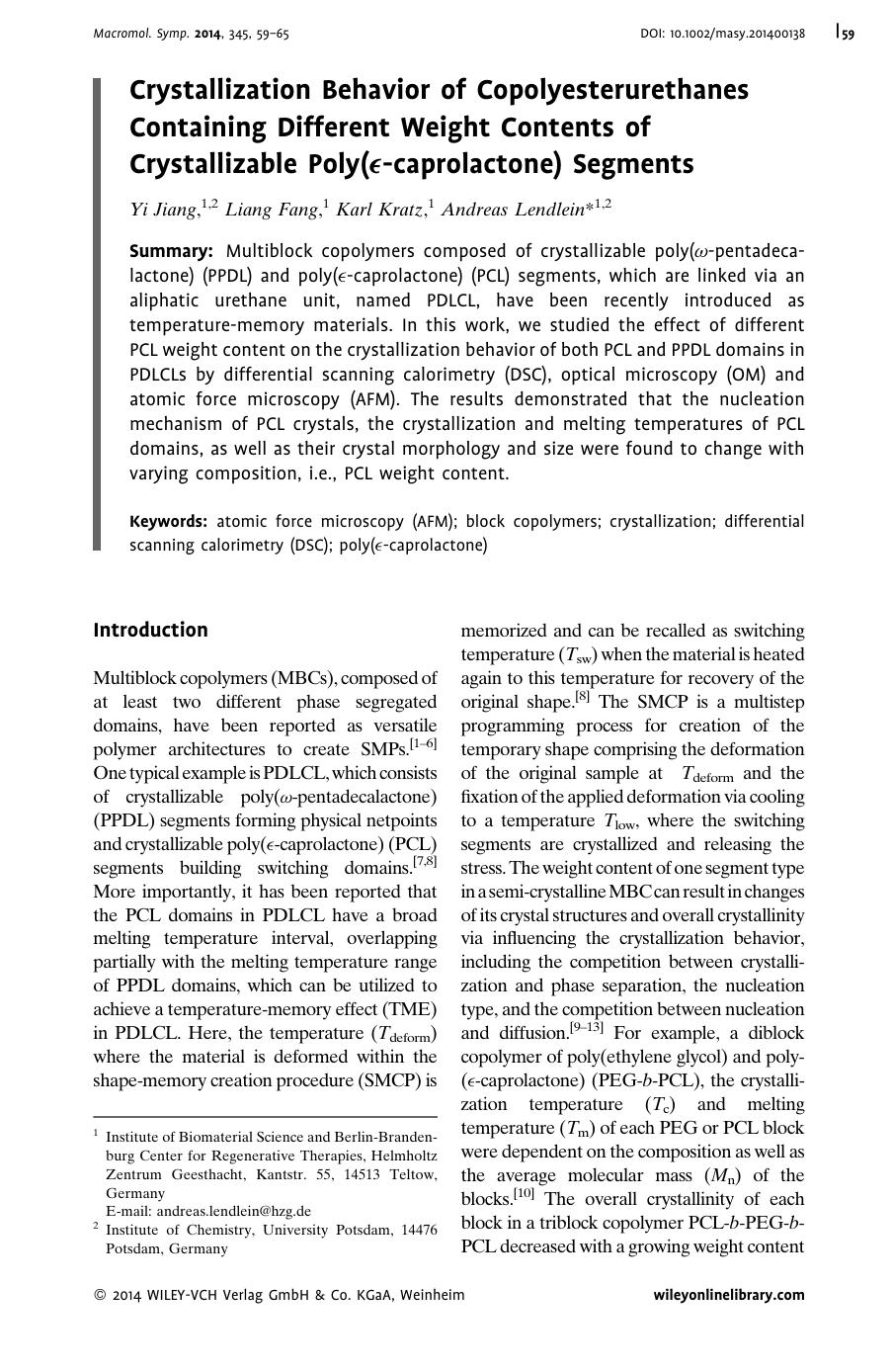 Crystallization Behavior of Copolyesterurethanes Containing Different Weight Contents of Crystallizable Poly(caprolactone) Segments by Unknown