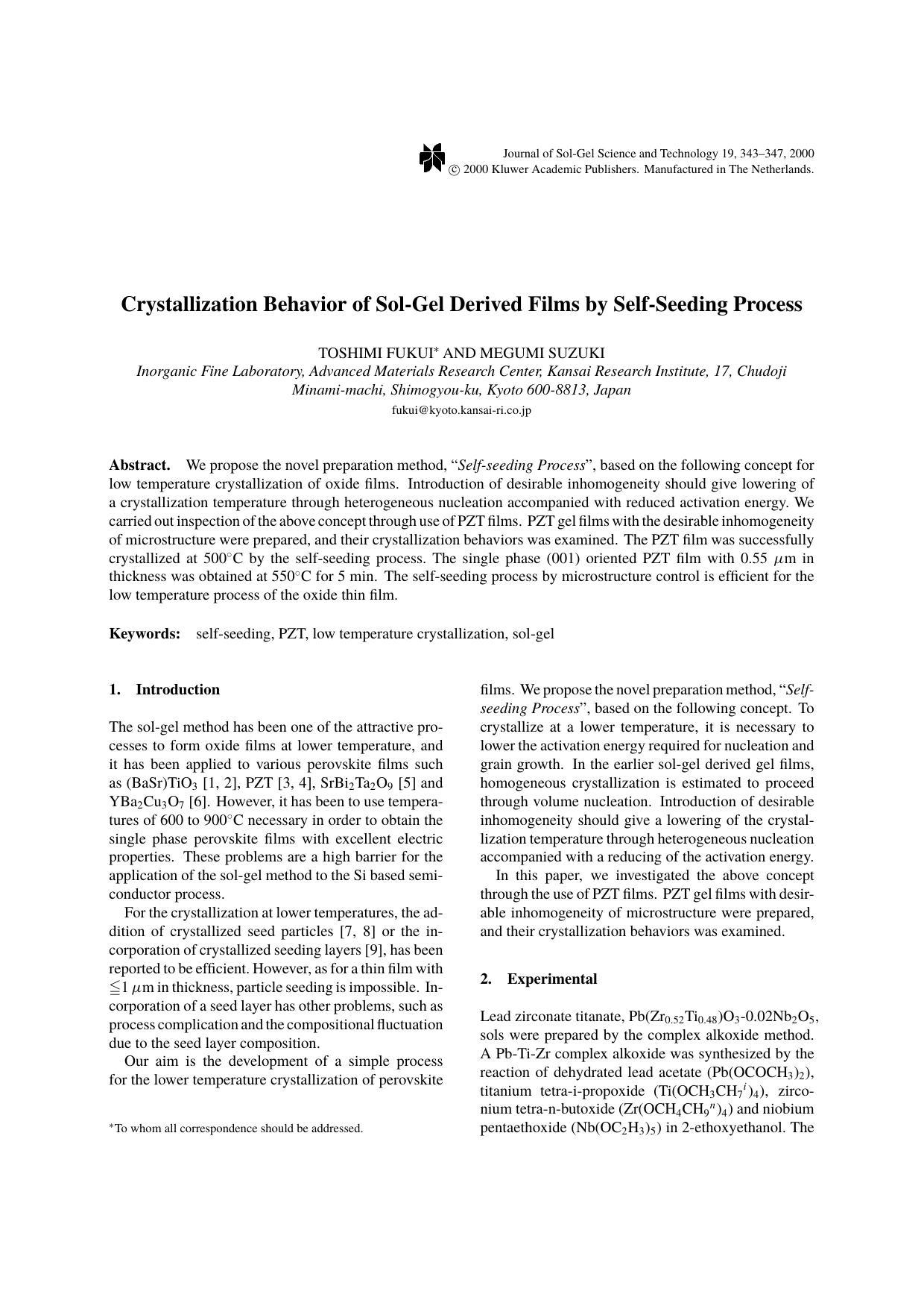 Crystallization Behavior of Sol-Gel Derived Films by Self-Seeding Process by Unknown