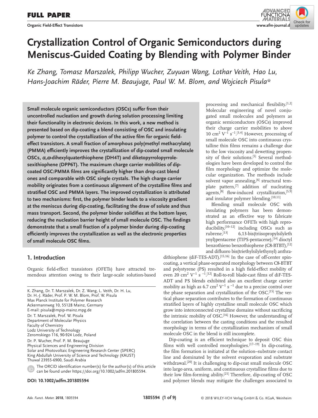 Crystallization Control of Organic Semiconductors during MeniscusâGuided Coating by Blending with Polymer Binder by Unknown