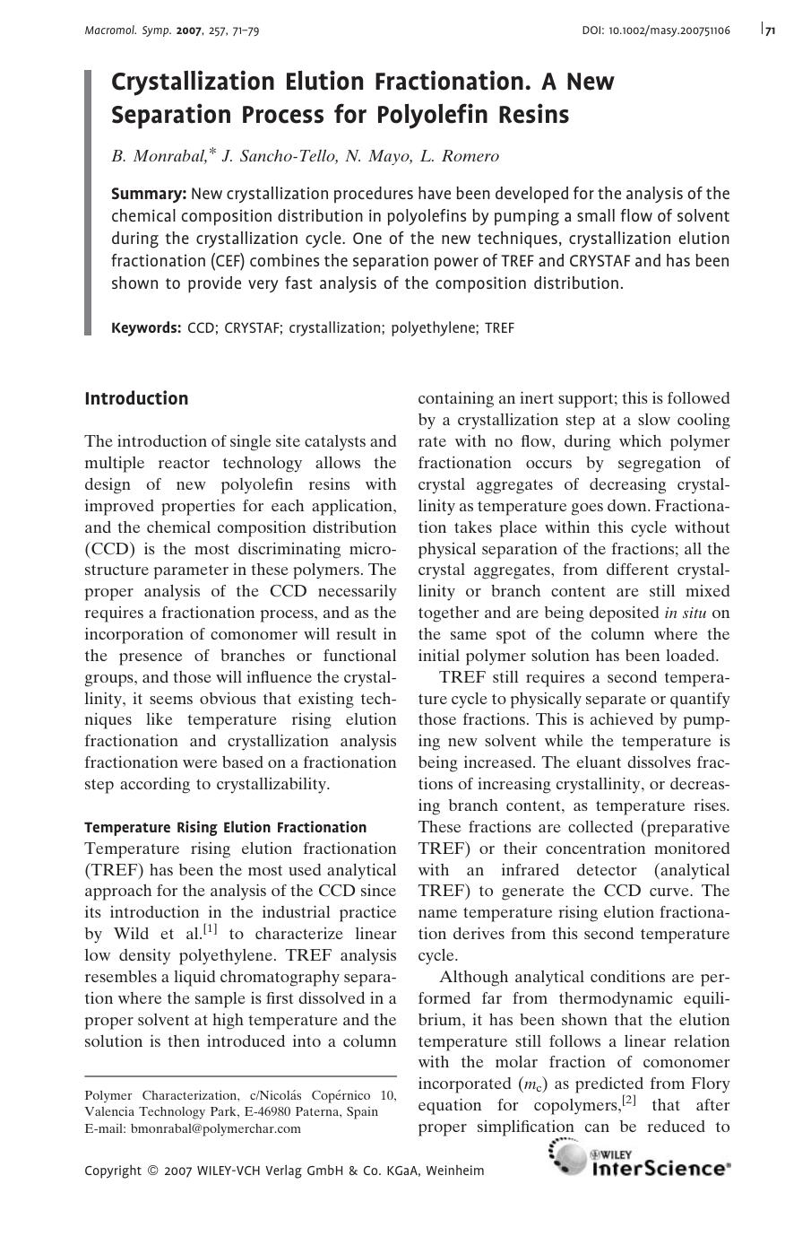 Crystallization Elution Fractionation. A New Separation Process for Polyolefin Resins by Unknown