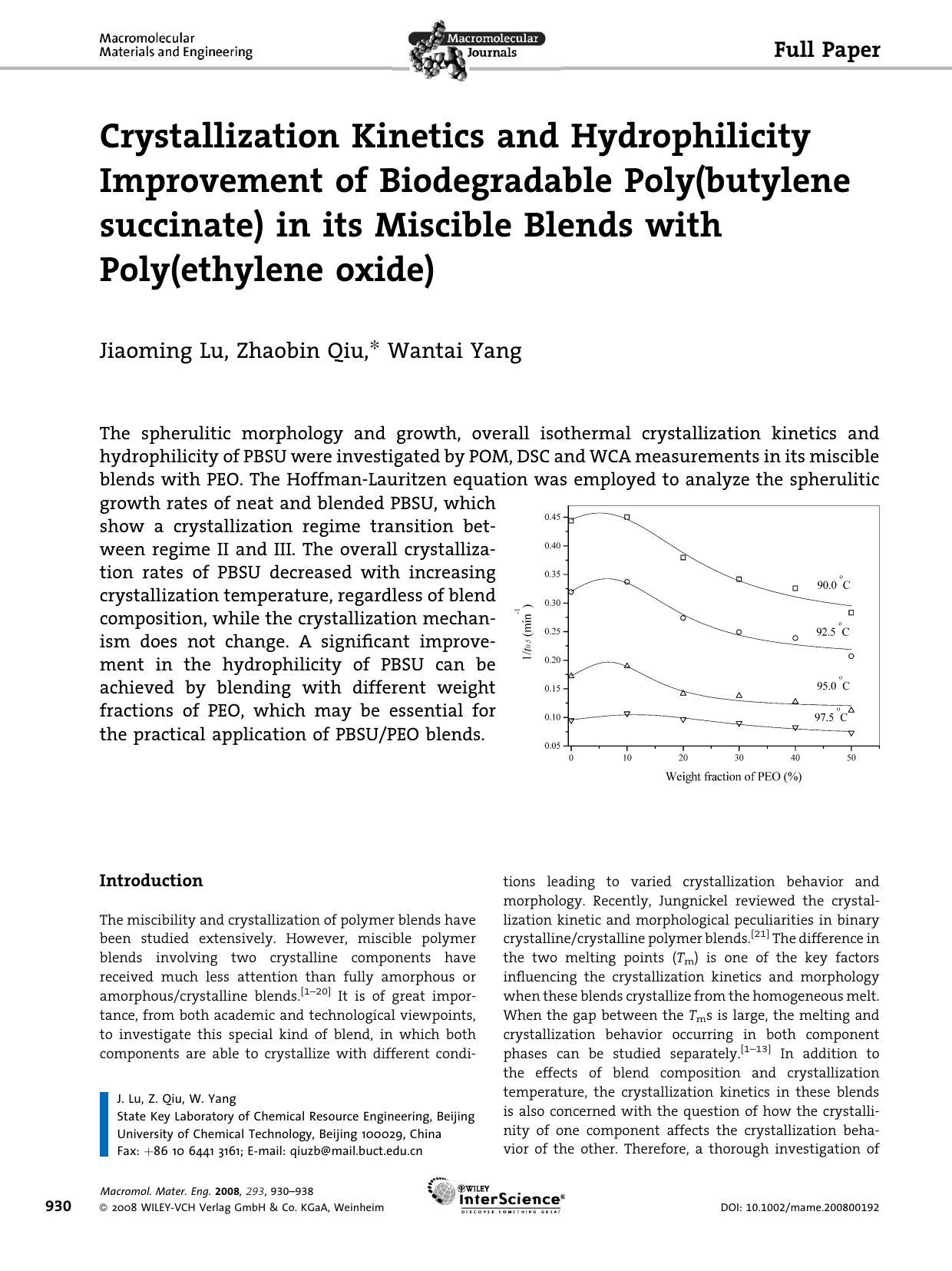 Crystallization Kinetics and Hydrophilicity Improvement of Biodegradable Poly(butylene succinate) in its Miscible Blends with Poly(ethylene oxide) by Unknown