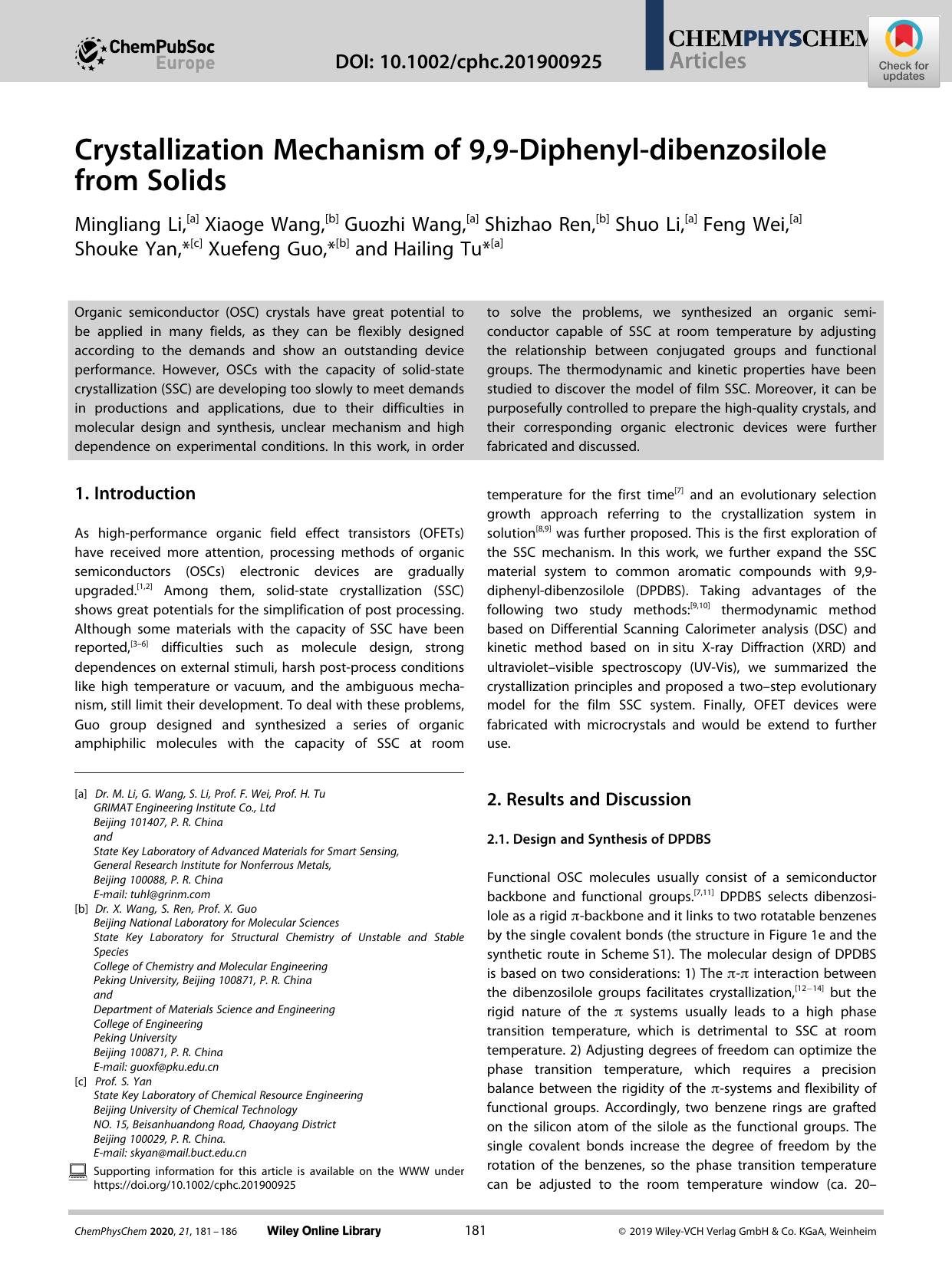 Crystallization Mechanism of 9,9âDiphenylâdibenzosilole from Solids by Unknown