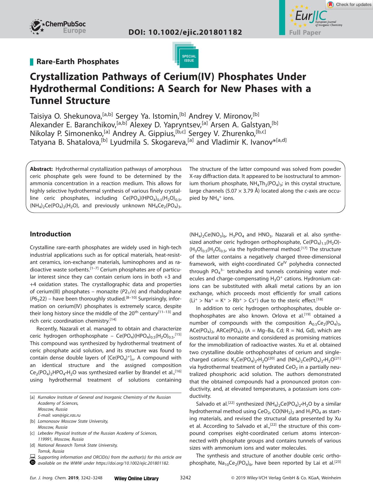 Crystallization Pathways of Cerium(IV) Phosphates Under Hydrothermal Conditions: A Search for New Phases with a Tunnel Structure by Unknown