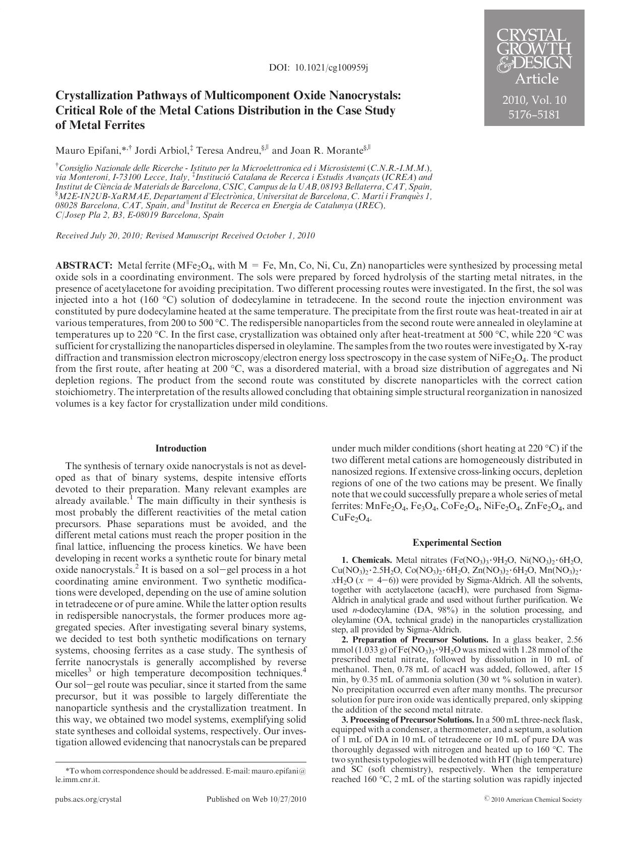 Crystallization Pathways of Multicomponent Oxide Nanocrystals: Critical Role of the Metal Cations Distribution in the Case Study of Metal Ferrites by Unknown