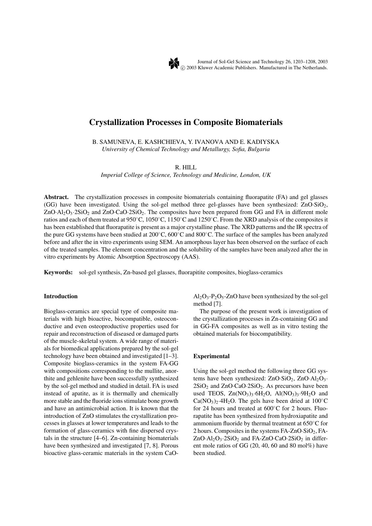 Crystallization Processes in Composite Biomaterials by Unknown