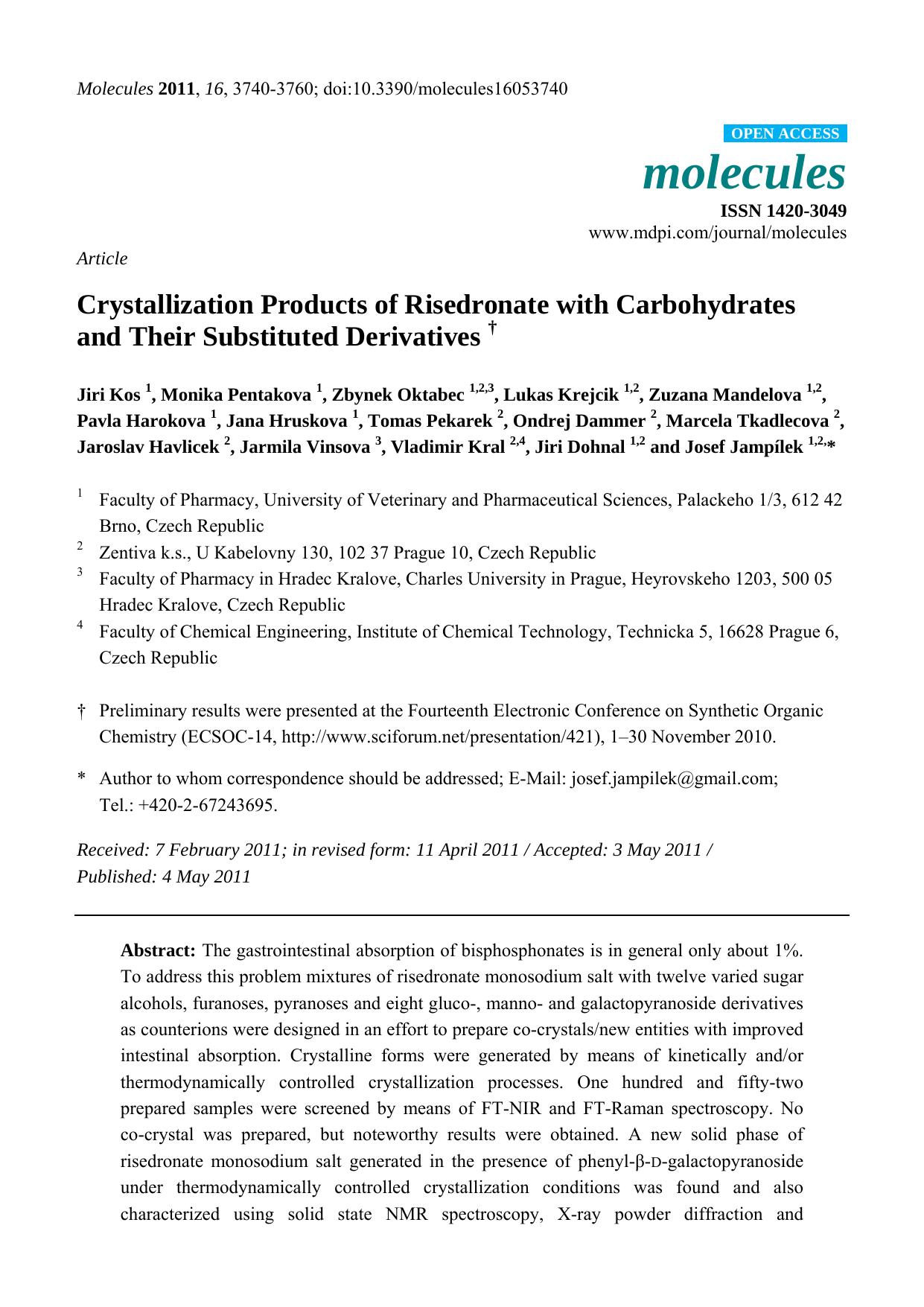 Crystallization Products of Risedronate with Carbohydrates and Their Substituted Derivatives â  by unknow