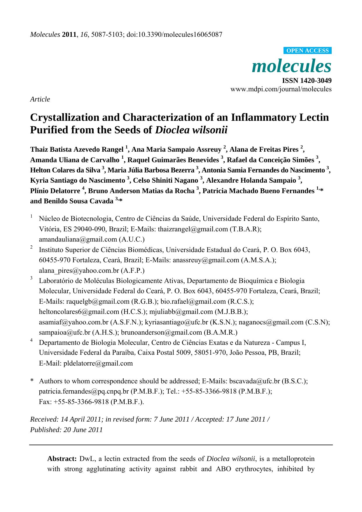 Crystallization and Characterization of an Inflammatory Lectin Purified from the Seeds of Dioclea wilsonii by unknow