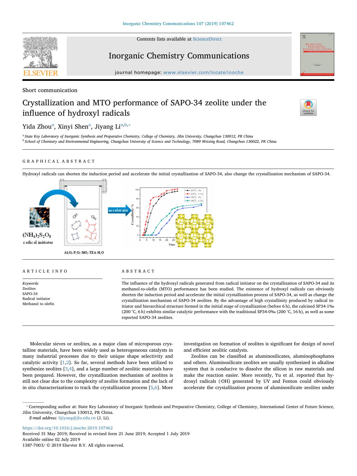 Crystallization and MTO performance of SAPO-34 zeolite under the influence of hydroxyl radicals by Yida Zhou