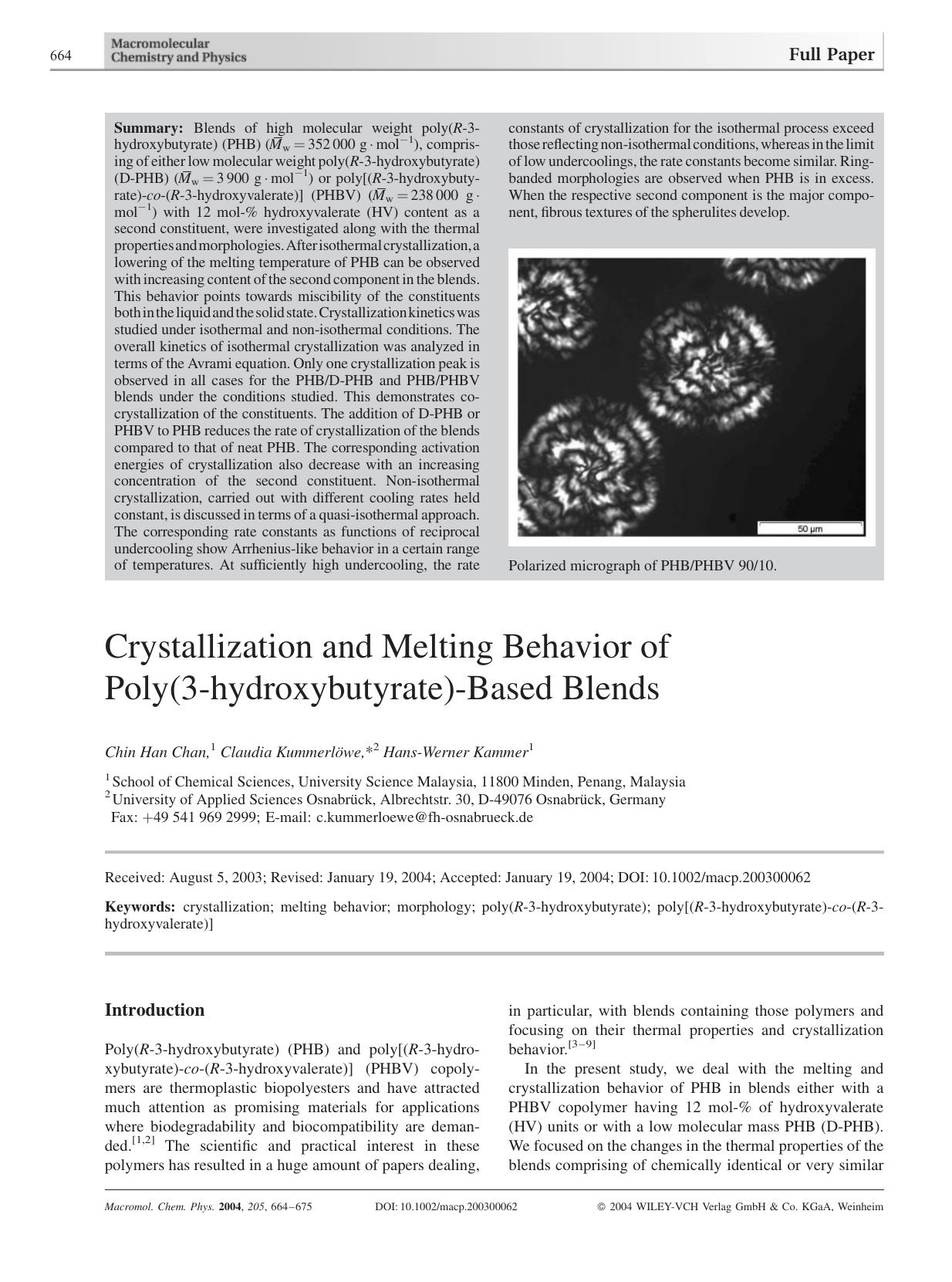 Crystallization and Melting Behavior of Poly(3-hydroxybutyrate)-Based Blends by unknow