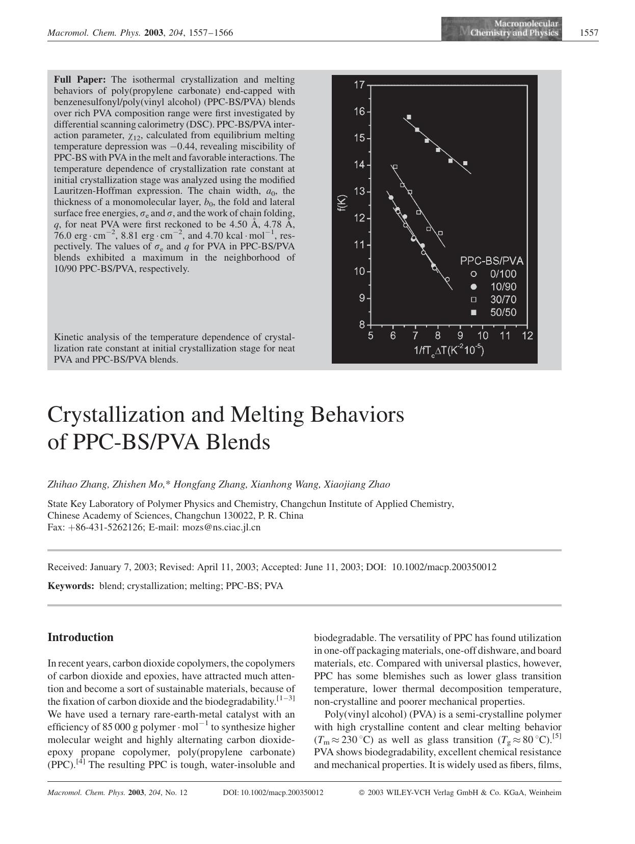 Crystallization and Melting Behaviors of PPC-BSPVA Blends by Unknown