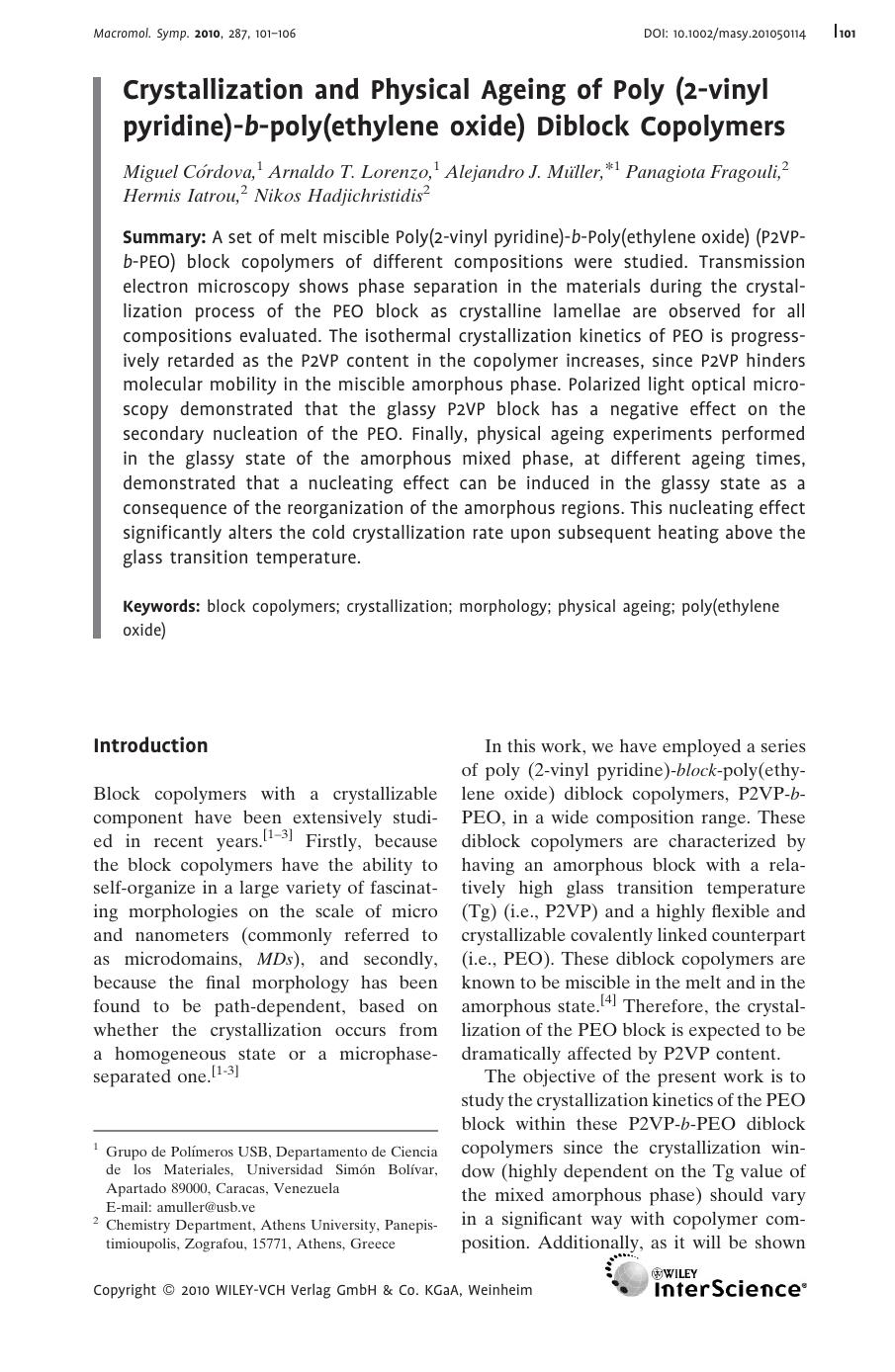 Crystallization and Physical Ageing of Poly (2-vinyl pyridine)-b-poly(ethylene oxide) Diblock Copolymers by Unknown