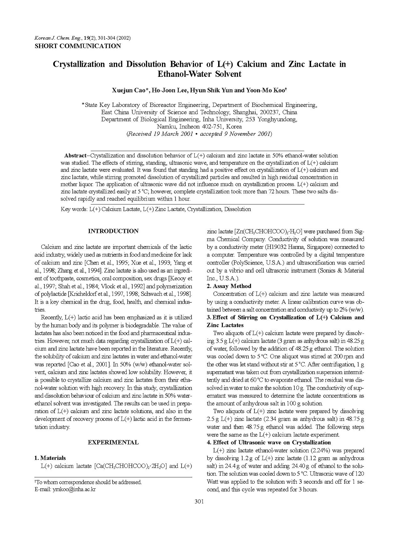 Crystallization and dissolution behavior of l(+) calcium and zinc lactate in ethanol-water solvent by Unknown