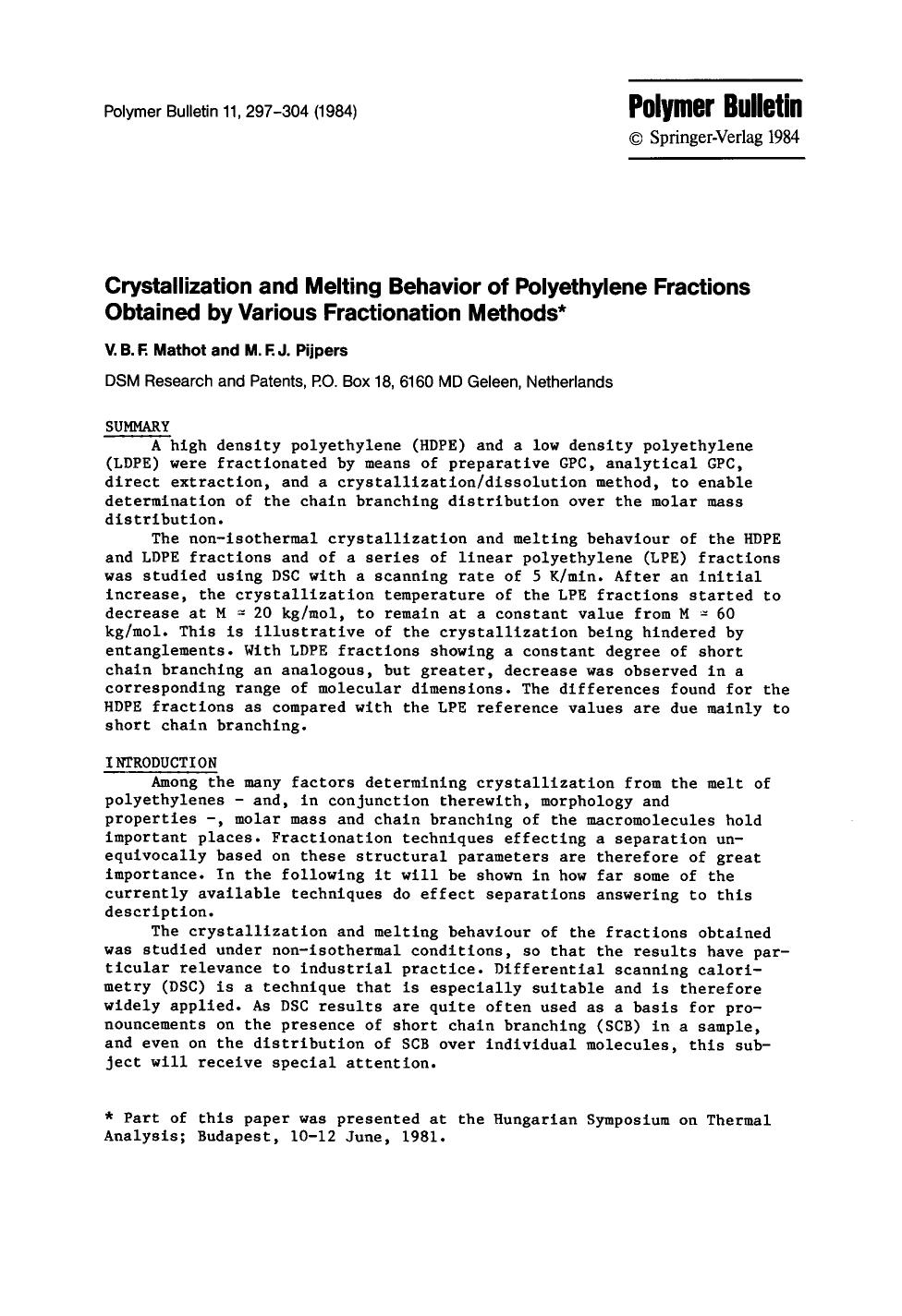 Crystallization and melting behavior of polyethylene fractions obtained by various fractionation methods by Unknown