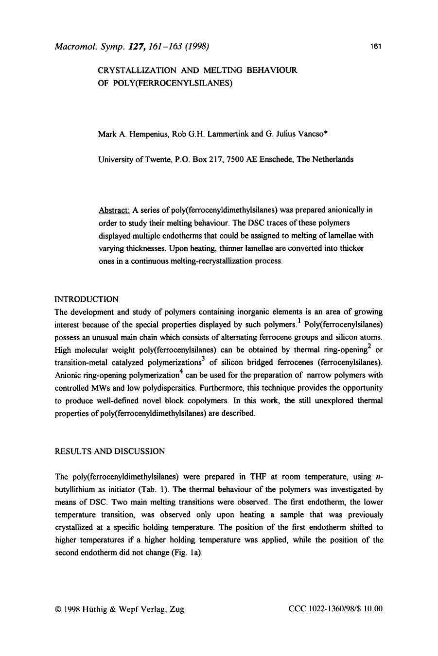 Crystallization and melting behaviour of poly(ferrocenylsilanes) by Unknown