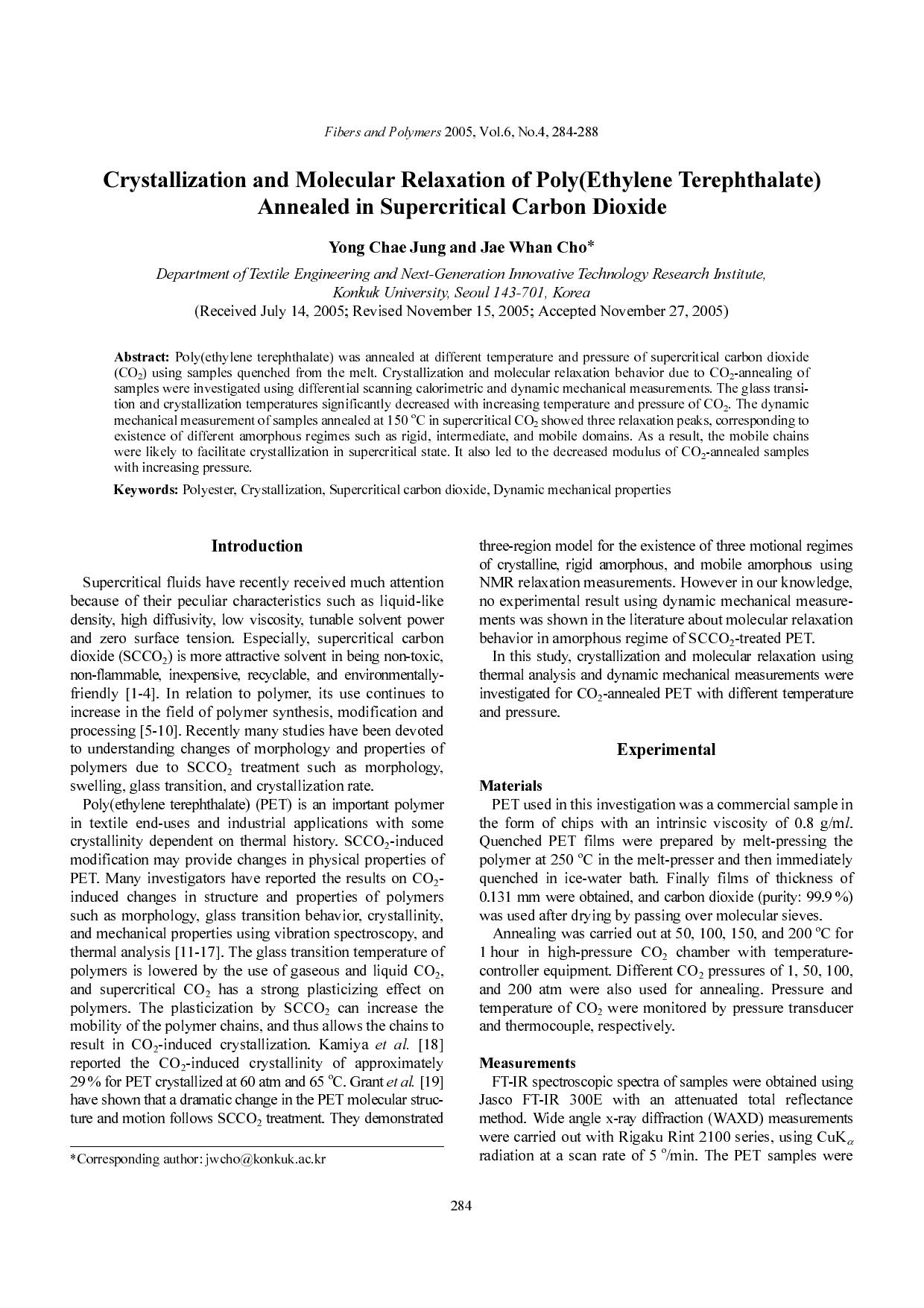 Crystallization and molecular relaxation of poly(ethylene terephthalate) annealed in supercritical carbon dioxide by Unknown