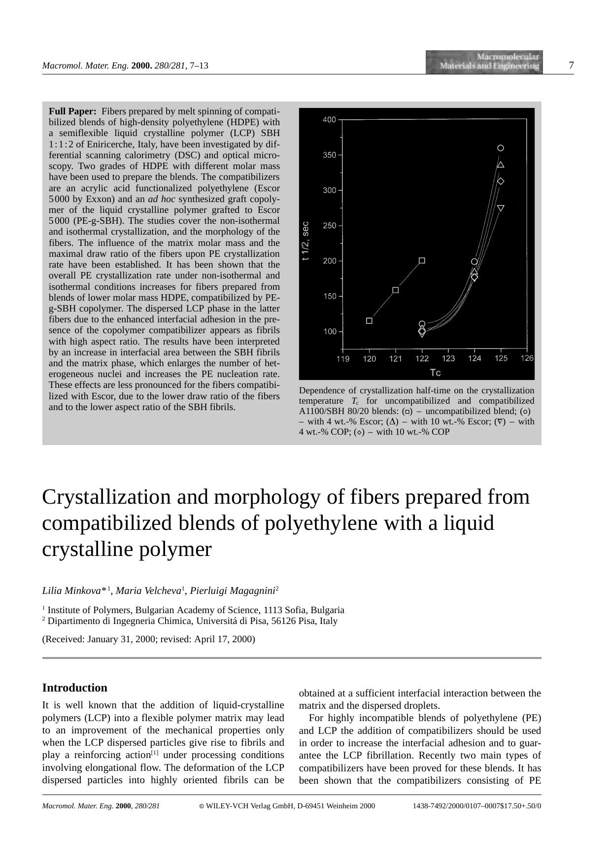 Crystallization and morphology of fibers prepared from compatibilized blends of polyethylene with a liquid crystalline polymer by Unknown