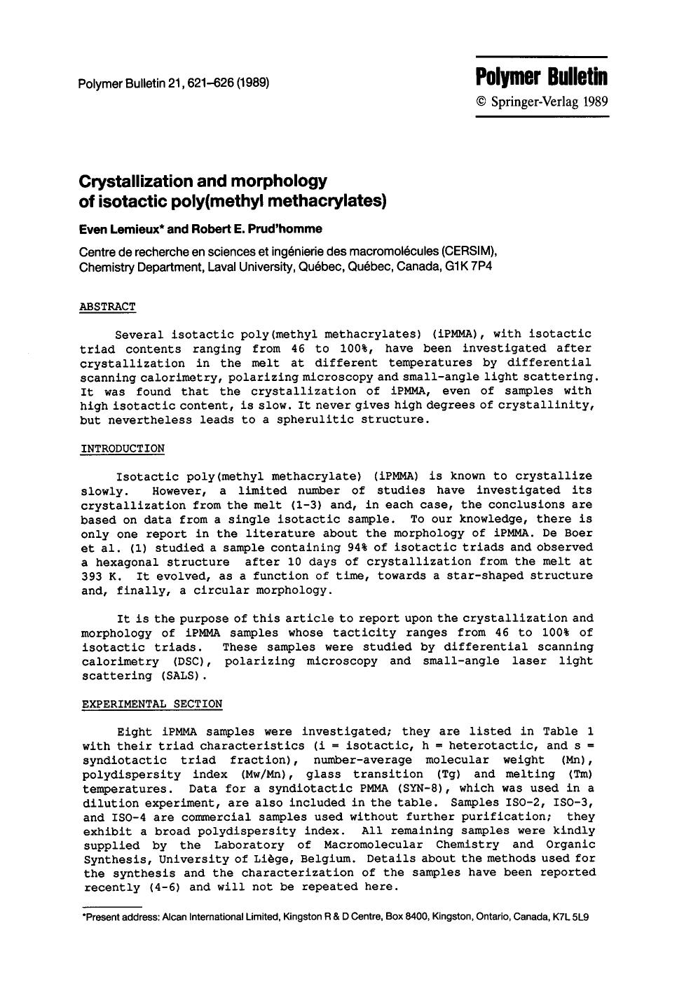 Crystallization and morphology of isotactic poly(methyl methacrylates) by Unknown