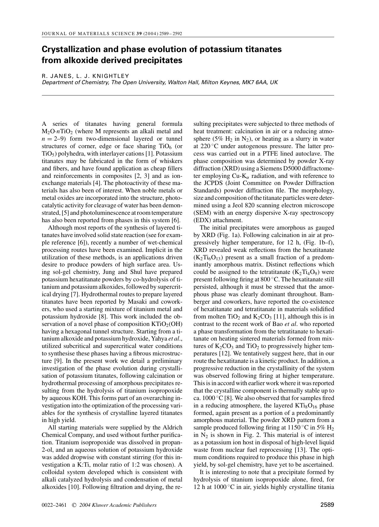 Crystallization and phase evolution of potassium titanates from alkoxide derived precipitates by Unknown