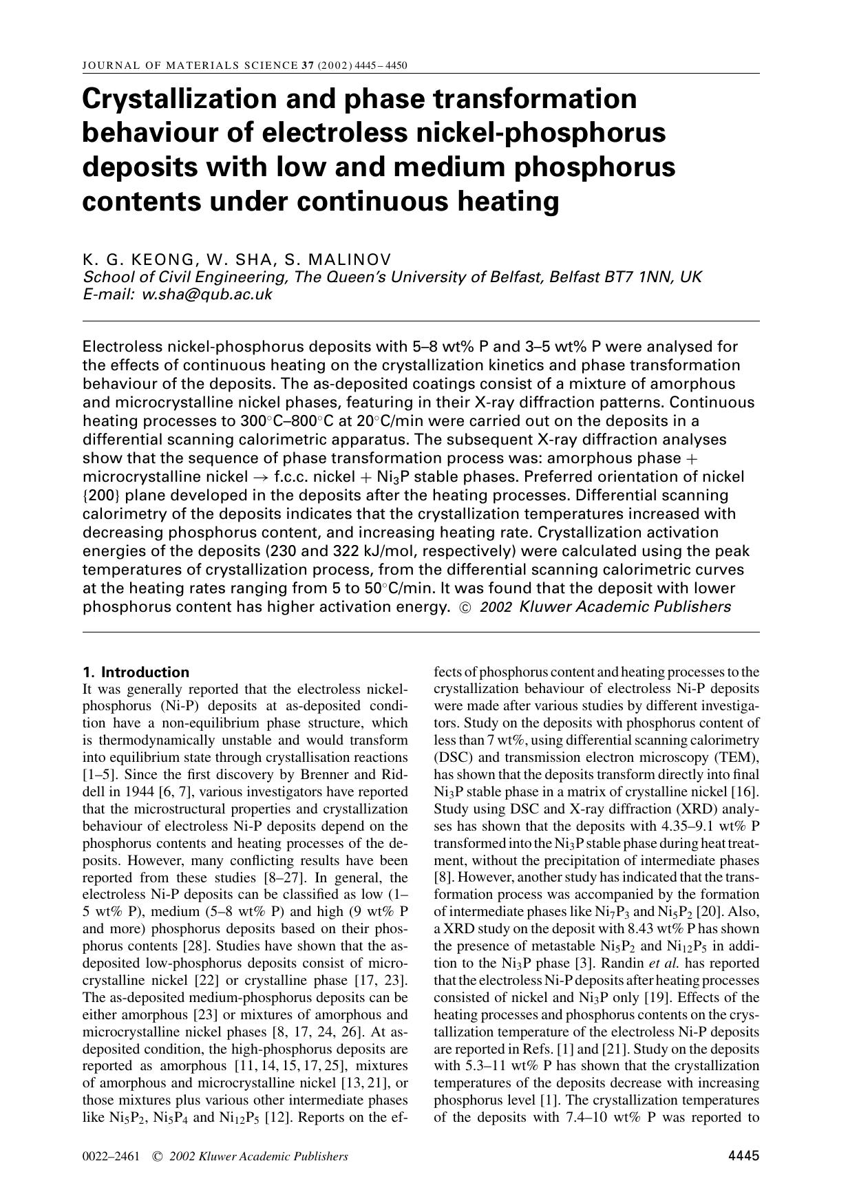 Crystallization and phase transformation behaviour of electroless nickel-phosphorus deposits with low and medium phosphorus contents under continuous heating by Unknown