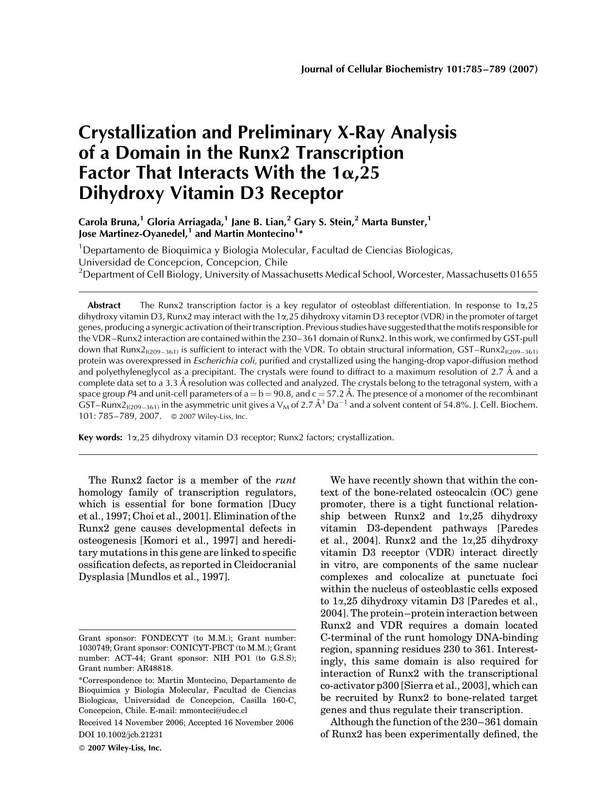 Crystallization and preliminary X-ray analysis of a domain in the Runx2 transcription factor that interacts with the 1[alpha],25 dihydroxy vitamin D3 receptor by Unknown