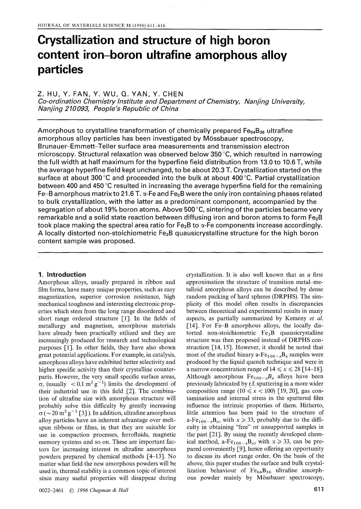 Crystallization and structure of high boron content iron-boron ultrafine amorphous alloy particles by Unknown