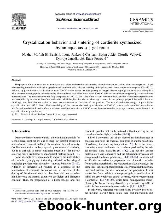 Crystallization behavior and sintering of cordierite synthesized by an aqueous solâgel route by Nozhat Moftah El-Buaishi