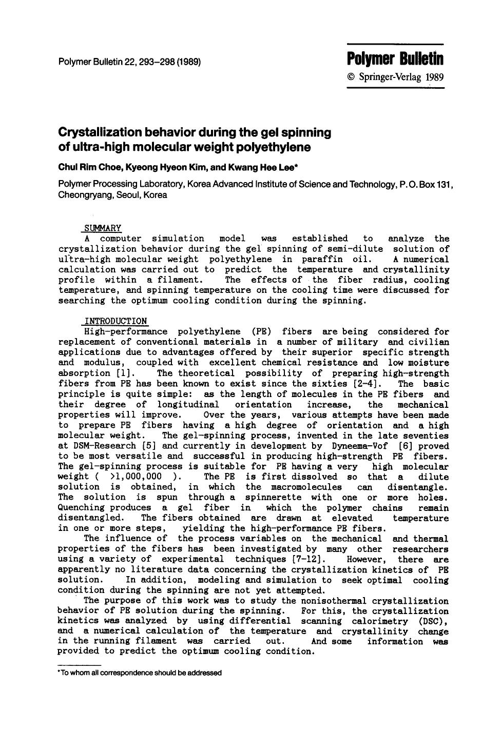 Crystallization behavior during the gel spinning of ultra-high molecular weight polyethylene by Unknown
