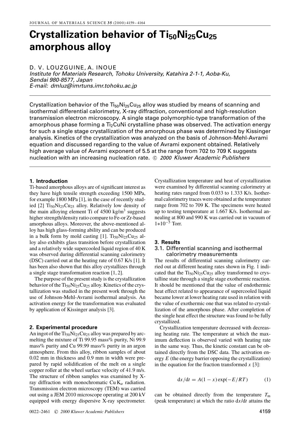 Crystallization behavior of Ti50Ni25Cu25 amorphous alloy by Unknown