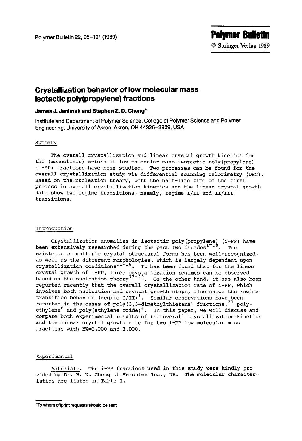 Crystallization behavior of low molecular mass isotactic poly(propylene) fractions by Unknown