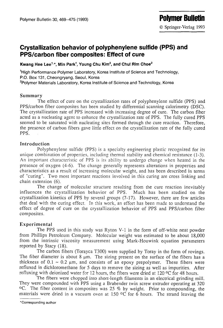 Crystallization behavior of polyphenylene sulfide (PPS) and PPScarbon fiber composites: Effect of cure by Unknown