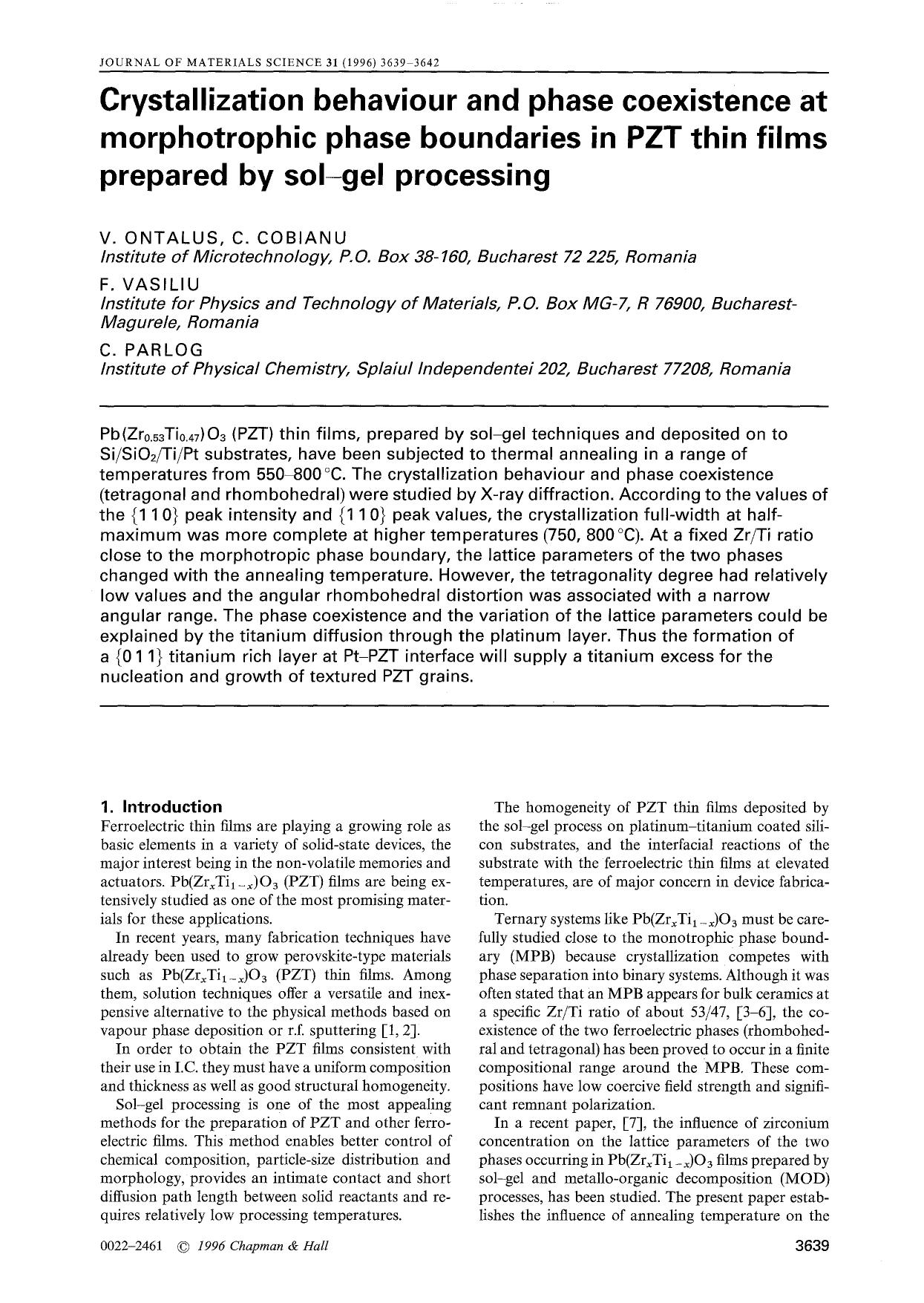 Crystallization behaviour and phase coexistence at morphotrophic phase boundaries in PZT thin films prepared by sol-gel processing by Unknown