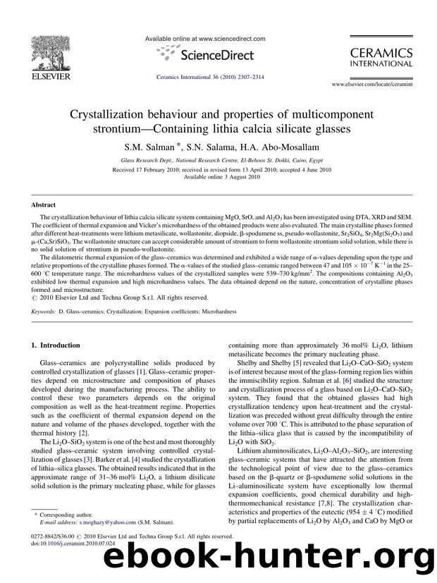 Crystallization behaviour and properties of multicomponent strontiumÃ¢â¬âContaining lithia calcia silicate glasses by S.M. Salman