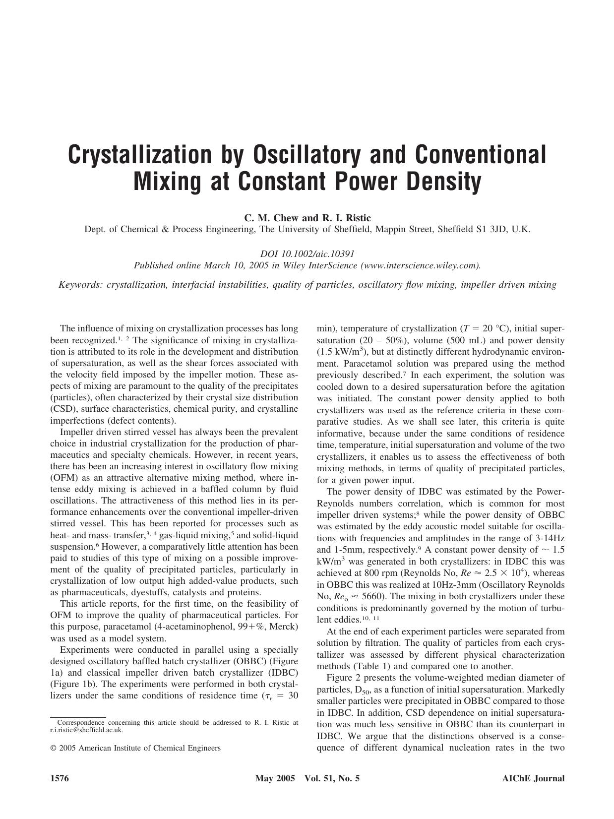 Crystallization by oscillatory and conventional mixing at constant power density by Unknown
