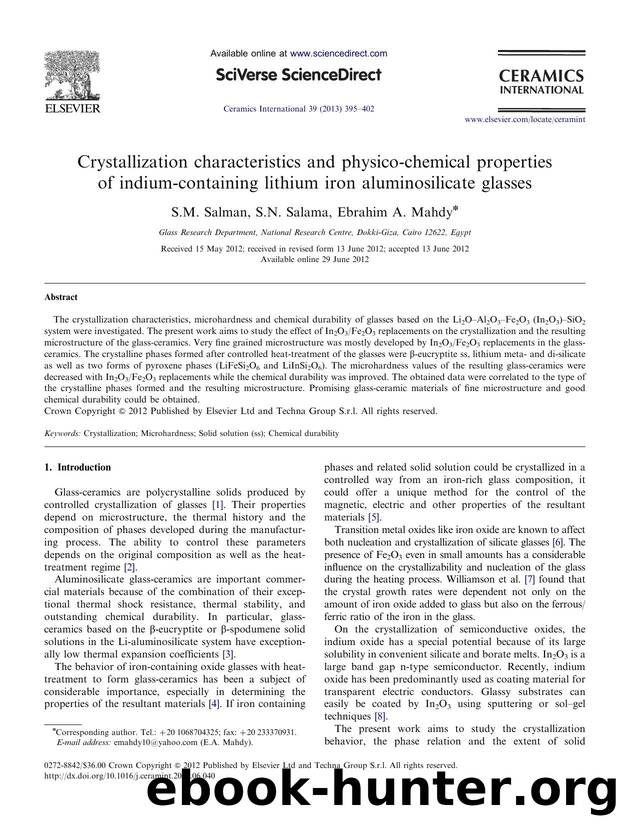 Crystallization characteristics and physico-chemical properties of indium-containing lithium iron aluminosilicate glasses by S.M. Salman & S.N. Salama & Ebrahim A. Mahdy