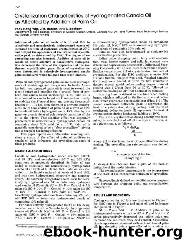 Crystallization characteristics of hydrogenated canola oil as affected by addition of palm oil by Unknown