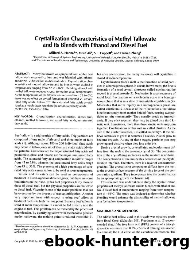 Crystallization characteristics of methyl tallowate and its blends with ethanol and diesel fuel by Unknown