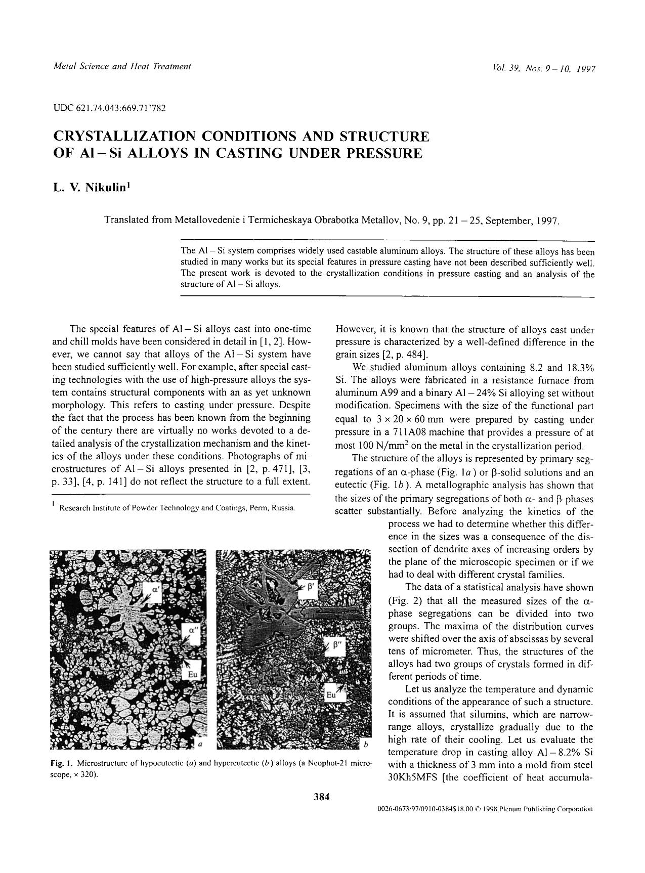 Crystallization conditions and structure of Al−Si alloys in casting under pressure by Unknown
