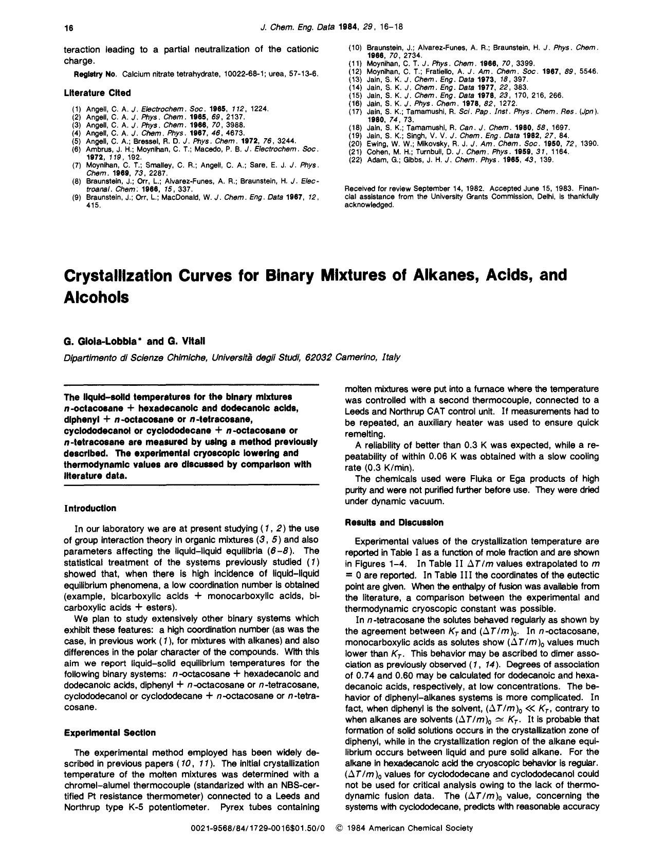 Crystallization curves for binary mixtures of alkanes, acids, and alcohols by G. Gioia-Lobbia G. Vitali