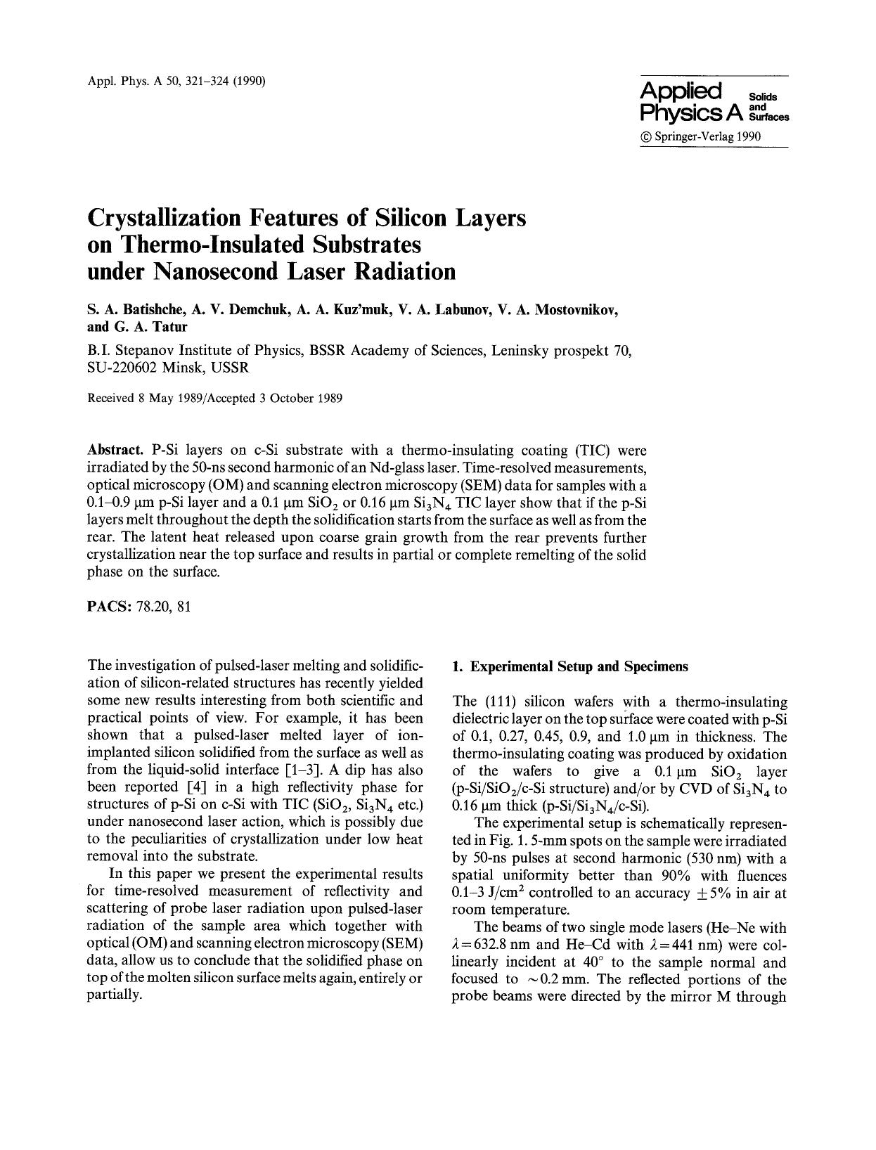 Crystallization features of silicon layers on thermo-insulated substrates under nanosecond laser radiation by Unknown